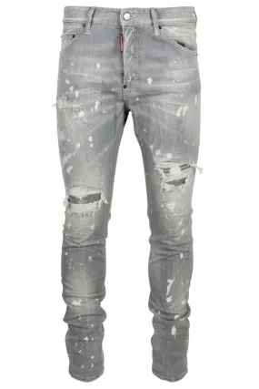 Pantalón vaquero gris cool guy jean con pintura blanca y rotos